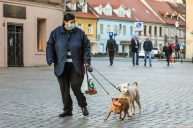 Zagreb, Hırvatistan - 19 Mart 2020: Zagreb sokaklarında yaşayan insanlar korona virüsü krizi nedeniyle koruyucu maskeler takıyorlar. Zagreb şehir merkezinde bir kadın köpekleri gezdiriyor