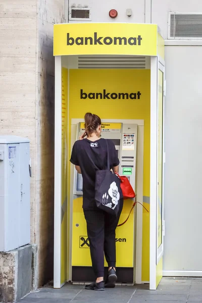 Zagreb Croatia March 2020 Woman Picking Money Atm Rear View — Stock Photo, Image