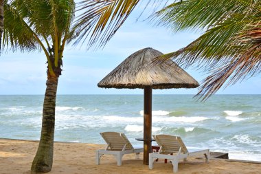 Şemsiye ve yatak sandalye sahilde, Phu Quoc Adası, Vietnam