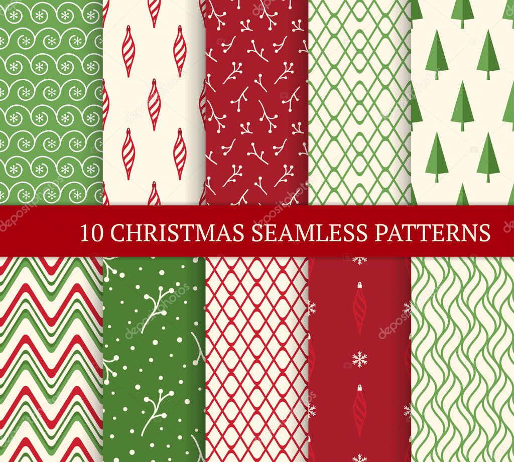 Ten Christmas different seamless patterns. Xmas endless textures