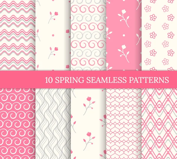 Ten spring seamless patterns. Romantic pink backgrounds for Valentine's or Mother's day. Endless texture for wallpaper, web page, wrapping paper. Retro love style. Wave, flower, swirl, branch 스톡 벡터