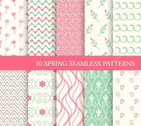 Ten spring seamless patterns. Romantic pink backgrounds for Valentine's or Mother's day. Endless texture for wallpaper, web page, wrapping paper. Retro love style. Waves, flowers, swirls, hearts ロイヤリティフリーストックベクター