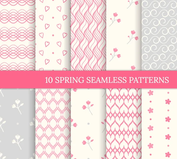 Ten spring seamless patterns. Romantic pink backgrounds for Valentine's or Mother's day. Endless texture for wallpaper, web page, wrapping paper. Retro love style. Wave, flower, swirl, branch, heart 로열티 프리 스톡 일러스트레이션