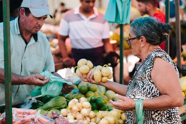 Picui, Paraíba, Brasil - 3 de junho de 2017 - Mulher idosa faz compras no mercado local de Fazendeiros no Brasil — Fotografia de Stock