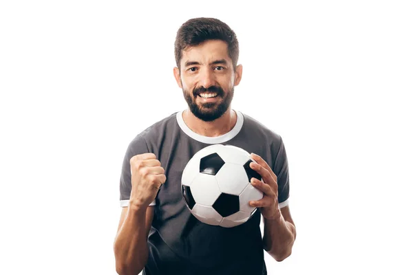 Ventilador ou jogador de esporte em uniforme cinza celebrando no backgro branco — Fotografia de Stock