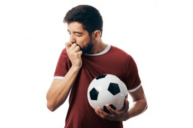 Beyaz arka plan üzerinde kutluyor kırmızı üniforma fan ya da spor oynatıcı