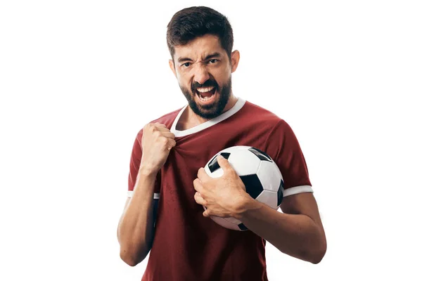 Ventilador ou jogador de esporte em uniforme vermelho comemorando em fundo branco — Fotografia de Stock