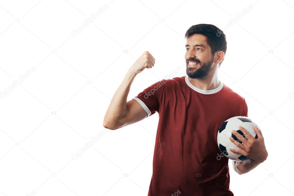 Fan or sport player on red uniform celebrating on white background