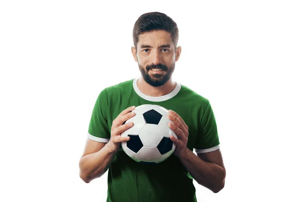 Ventilador ou jogador de esporte em uniforme verde comemorando em fundo branco — Fotografia de Stock