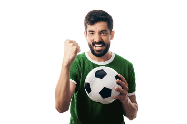 Вентилятор або спортивний гравець на зеленій формі святкування на білому тлі — стокове фото