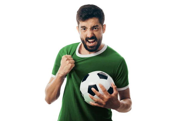 Ventilador ou jogador de esporte em uniforme verde comemorando em fundo branco — Fotografia de Stock