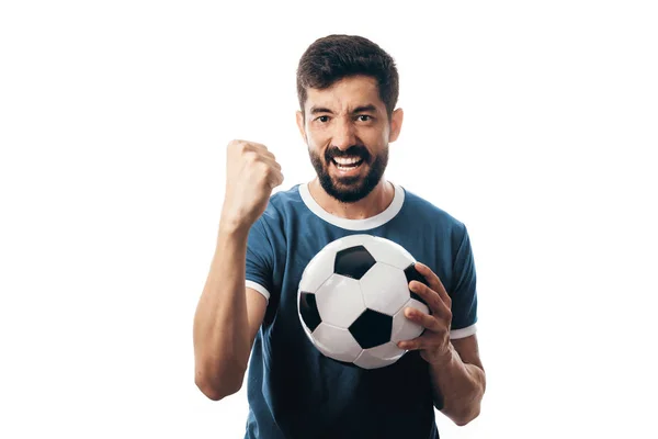 Ventilador ou jogador de esporte em uniforme azul celebrando em fundo branco — Fotografia de Stock