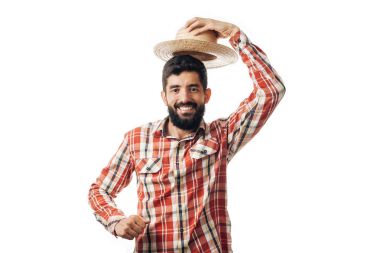 Festa Junina için tipik kıyafet giyen Brezilyalı adam portresi