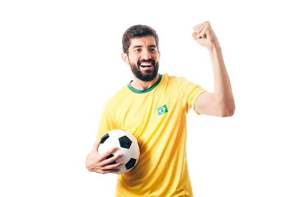 Jogador de futebol brasileiro celebra em fundo branco — Fotografia de Stock