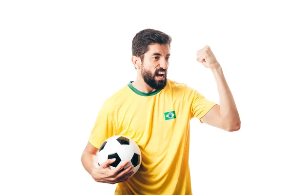 Giocatore di calcio brasiliano celebra su sfondo bianco — Foto Stock