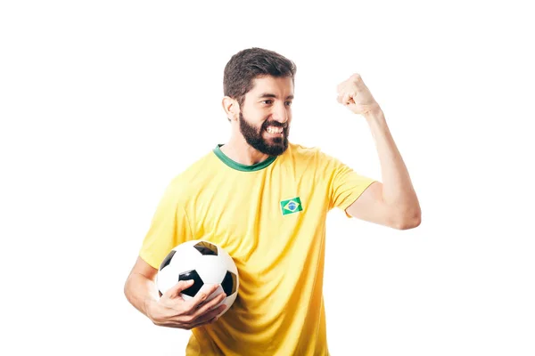 Giocatore di calcio brasiliano celebra su sfondo bianco — Foto Stock