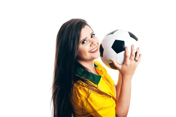 Woman soccer fan with ball isolated on white background — Stock Photo, Image