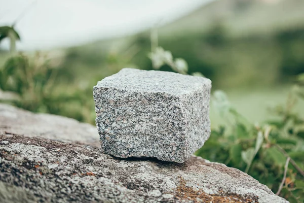 Un solo adoquín sobre un bloque de granito sobre un fondo verde borroso —  Fotos de Stock