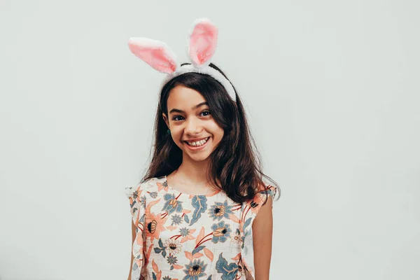 Portrait Happy Little Girl Celebrating Easter White Background — Stock Photo, Image