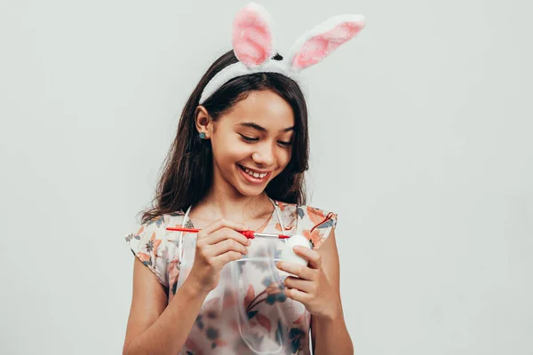 Portrait Happy Little Girl Celebrating Easter White Background — Stock Photo, Image