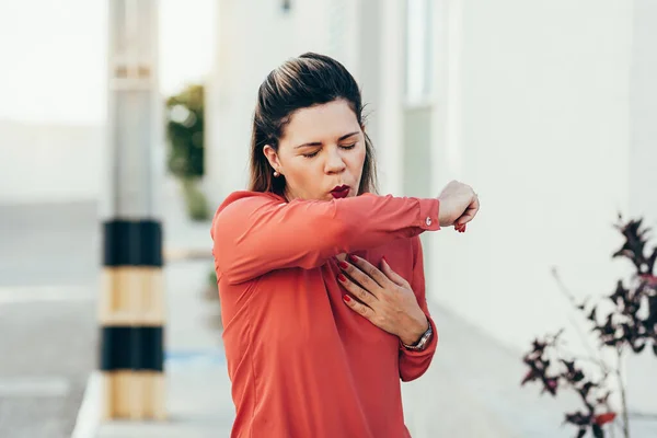 Sick Woman Coughing Her Arm Joint Avoid Spreading Coronavirus Covid — Stock Photo, Image