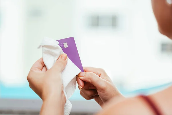 Cleaning Credit Card Prevent Coronavirus Contamination Precaution Covid — Stock Photo, Image