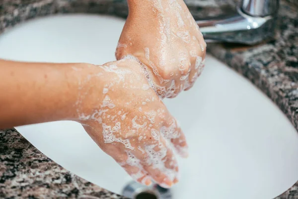 Woman Washing Her Hands Soap Water Bathroom Sink Coronavirus Covid — Stock Photo, Image