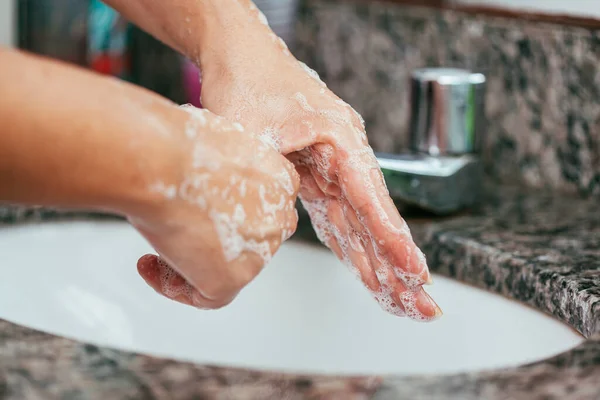 Woman Washing Her Hands Soap Water Bathroom Sink Coronavirus Covid — Stock Photo, Image