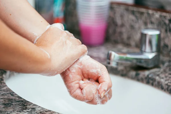 Woman Washing Her Hands Soap Water Bathroom Sink Coronavirus Covid — Stock Photo, Image