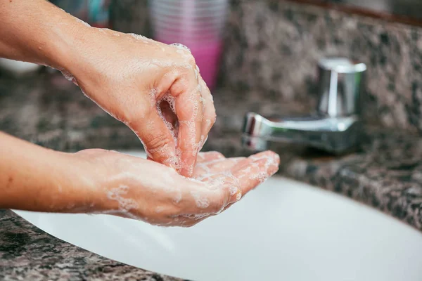 Woman Washing Her Hands Soap Water Bathroom Sink Coronavirus Covid — Stock Photo, Image