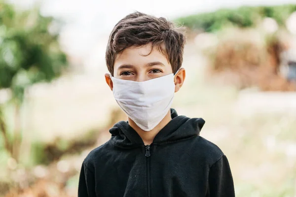 Portrait Year Old Boy Wearing Homemade Protective Mask Sunning Quarantine — Stock Photo, Image