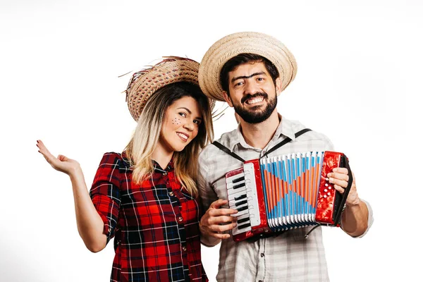 Coppia Brasiliana Indossa Abiti Tradizionali Festa Junina Festival Giugno — Foto Stock