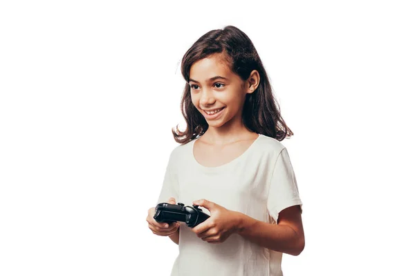 Anak Perempuan Bermain Video Game Terisolasi Pada Latar Belakang Putih — Stok Foto