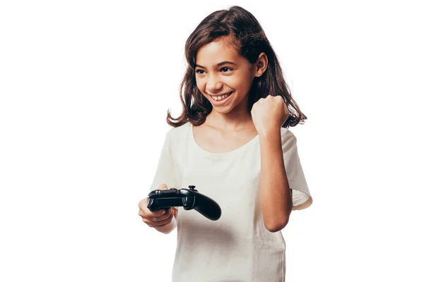 Anak Perempuan Bermain Video Game Terisolasi Pada Latar Belakang Putih — Stok Foto