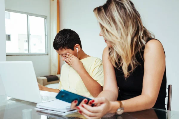 Mother Helping Sad Son Homework Concept Home Education Quarantine Difficulties — Stock Photo, Image