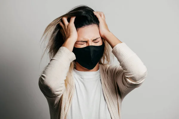 Stressed Woman Wearing Face Protection Mask Mental Health Concept Covid — Stock Photo, Image