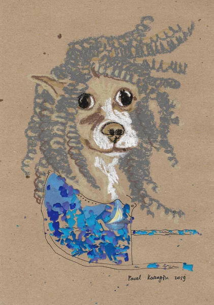 Hipster dog.  Drawing by oil pastel on paper