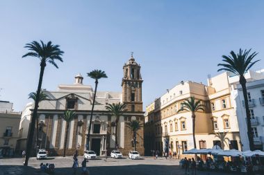 view of street with church, palms and automobiles, spain clipart