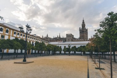 scenic view of city square with trees and Seville Cathedral, spain clipart