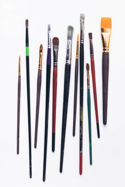 close-up view of various professional paint brushes isolated on white clipart