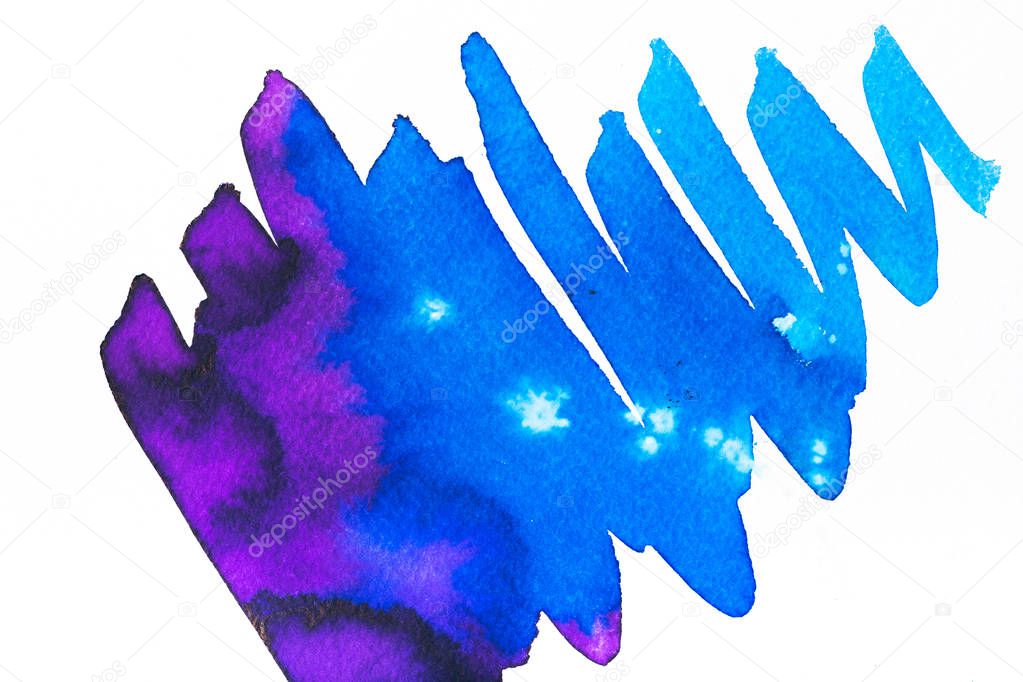 abstract painting with bright blue and purple brush strokes on white