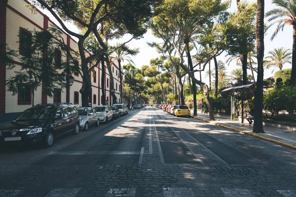 Vista da avenida espanhola com árvores e carros — Fotografia de Stock