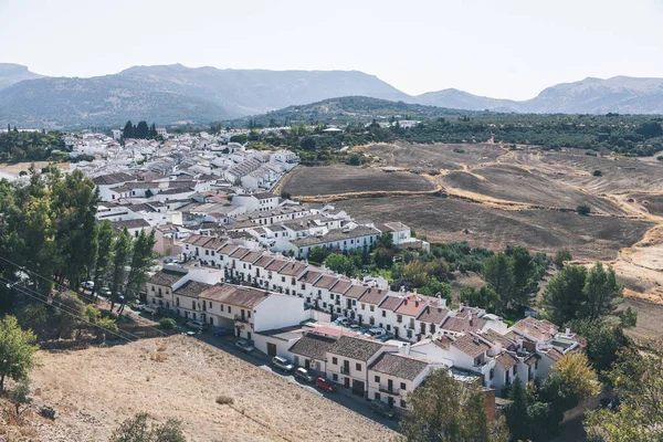 Scenic view of spanish landscape with hills and buildings — Stock Photo