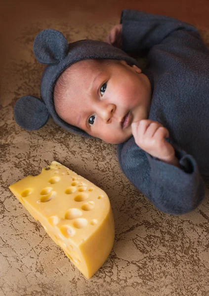 Criança bebê feliz no traje um rato, pedaço de queijo deitado ao lado — Fotografia de Stock