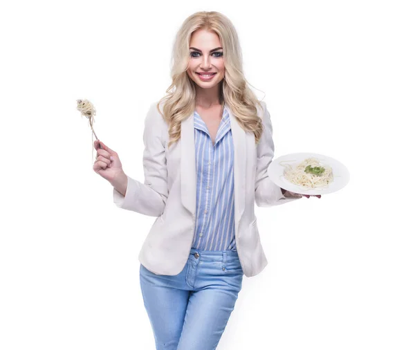 Woman chef with Fork in hand, with pasta noodle on fork, over white background. — Stock Photo, Image