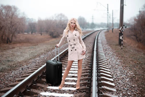 Вид сзади на женщину с багажом, идущую по железной дороге — стоковое фото