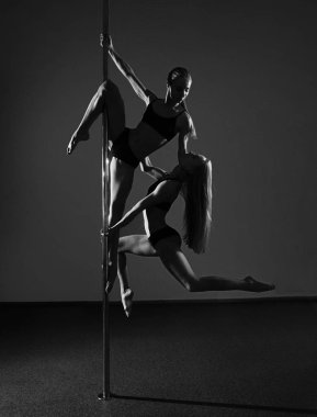 İki genç seksi kutup dans kadın. siyah ve beyaz