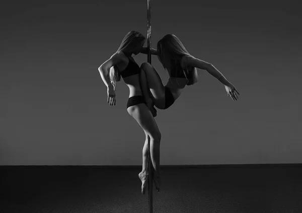 İki genç seksi kutup dans kadın. siyah ve beyaz — Stok fotoğraf
