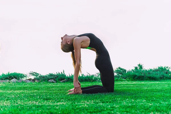 Bela mulher fazendo exercícios de ioga no parque — Fotografia de Stock