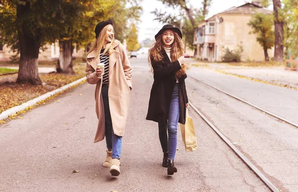 Dos hermosas mujeres caminando por la calle después de ir de compras y d —  Fotos de Stock